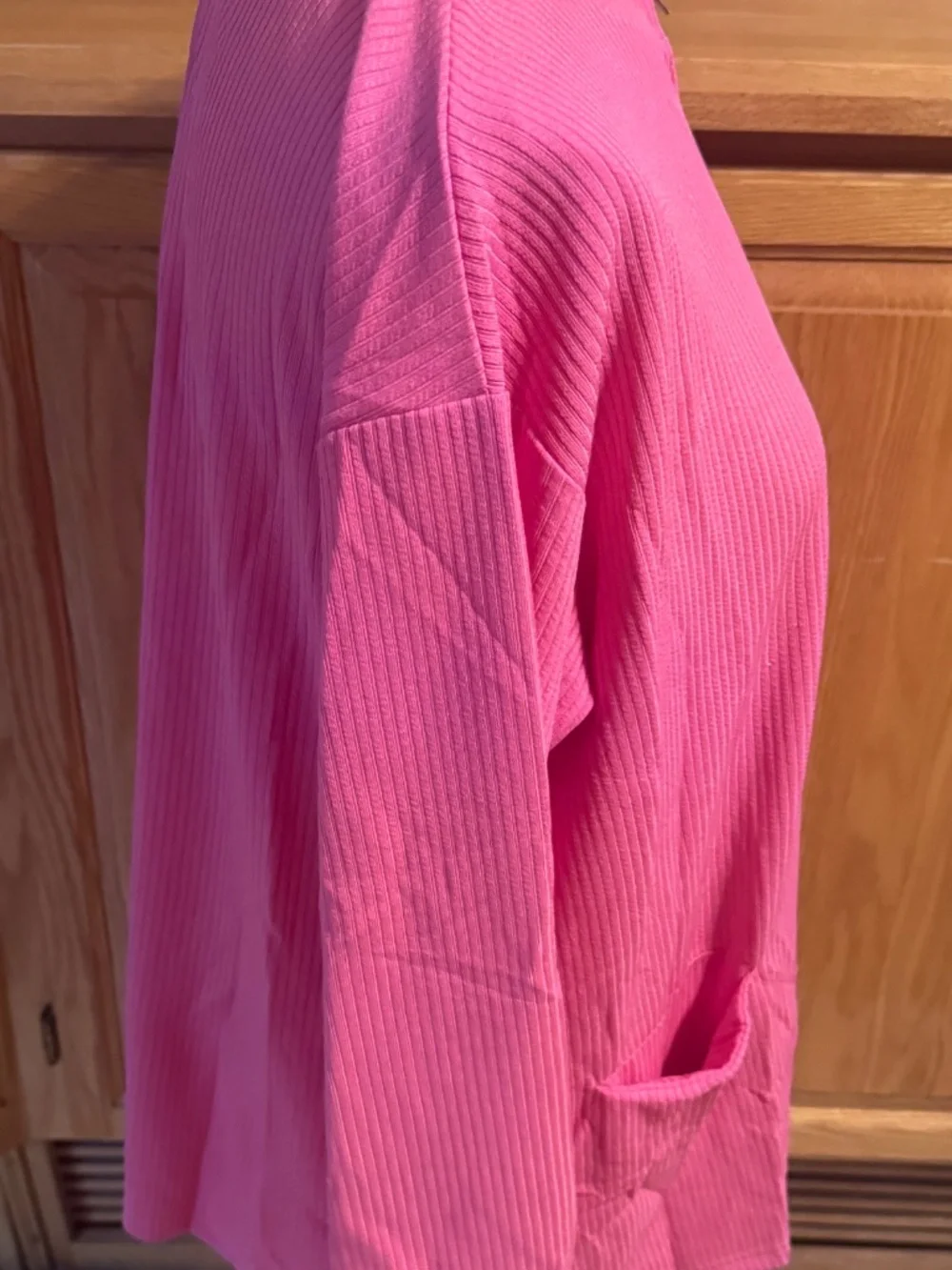 Women's Pink Ribbed Large Long Sleeve Zip Up Sweater With Pockets Classic Casual